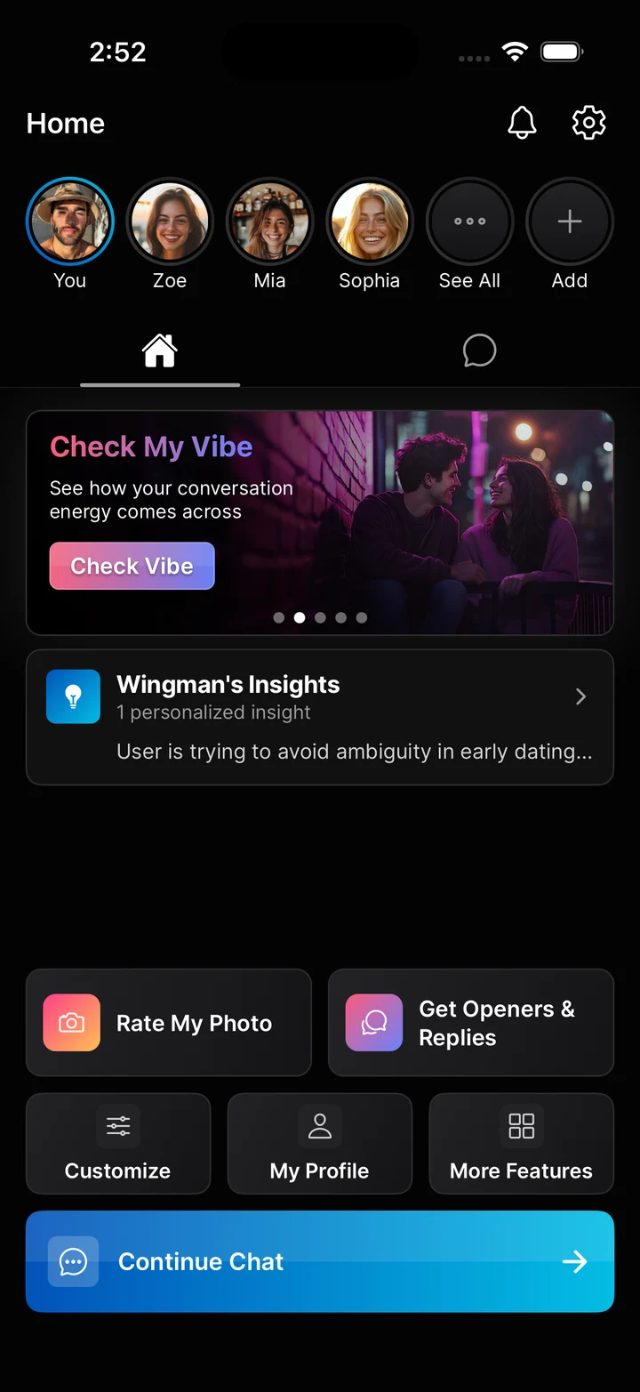 The Wingman app home screen